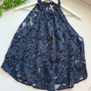 Free People Elegant Navy Lace Halter Top Size Small